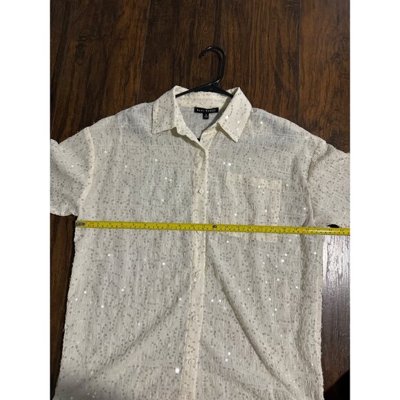 Blue Blush White Sequin Button-Up Collared Shirt Small - Picture 5 of 6
